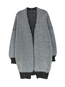 Women's long sleeve open front knit cardigan coat in black and white pattern