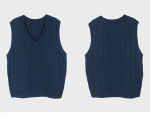 Navy blue V-neck cable knit vest showing front and back views with ribbed hem detail