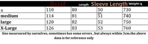 Size chart for women's striped cardigan including bust length and sleeve measurements