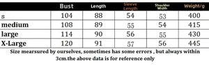 Size chart for women's long sleeve colorblock knit sweater featuring bust and length details