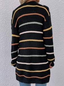 Women's long-sleeve knit cardigan with multi-colored horizontal stripes shown from the back