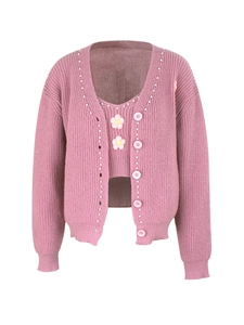 Ensemble cardigan et débardeur en tricot rose avec perles et fleurs 3D