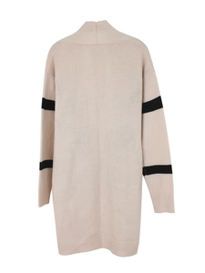 Women long knit cardigan in beige with black striped long sleeves and relaxed fit style