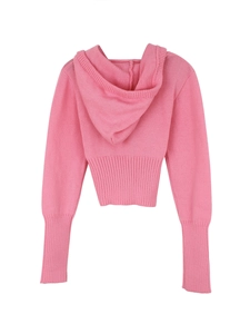Completo cardigan con cappuccio in maglia rosa da donna con polsini a coste, vista posteriore