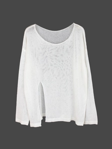 Minimalist white long sleeve knit sweater featuring a stylish side slit and round neck design