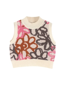 Sleeveless off-white floral knit vest with mock neck and ribbed hem for women