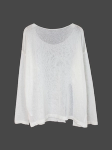 Women's white oversized hollow knit sweater with long sleeves and off-the-shoulder neckline