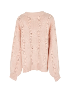 Pale pink cable knit sweater for women with pointelle details and ribbed crewneck design