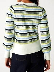 Pull-over à rayures colorées pour femmes avec texture en maille crochetée et col rond