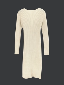 Beige ribbed knit long sleeve sweater dress with crew neck in mid-length design