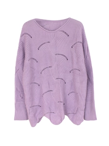 Detail of lavender knit sweater with openwork wave texture and scalloped hemline