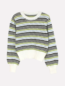 Pull rayé à col rond pour femme en blanc, vert et bleu avec maille ajourée pointelle