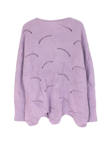 Detailed macro view of light purple knit sweater featuring wavy patterns and hollow details