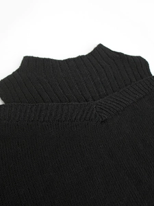 Close-up of black knitted sweater neckline with reinforced V-neck ribbing detail