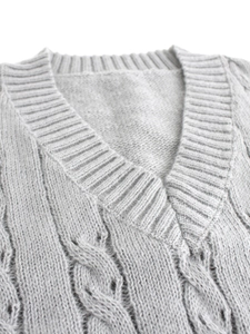 Women's light grey V-neck cable knit sleeveless sweater vest with textured pattern