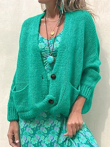 Women V Neck Knitted Cardigan Sweater Loose Single Breasted Coat With Pockets Emerald Green Spring Autumn Casual Jacket
