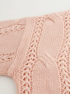 Women's light pink crew neck hollow out cable knit long sleeve pullover sweater