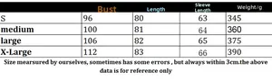 Detailed size chart for long sleeve crochet cardigan featuring bust and length measurements