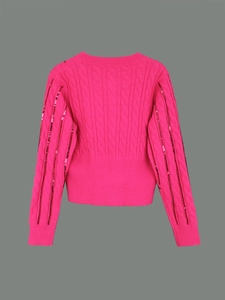 Hot pink cable-knit sweater for women featuring sequined sleeves and ribbed cuffs