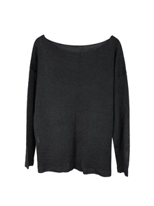 Detail of black off-the-shoulder knit sweater showing breathable thin fabric texture