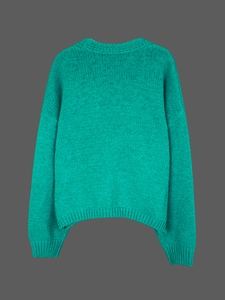 Women's V-neck knit cardigan sweater in seafoam green with chunky knitted texture