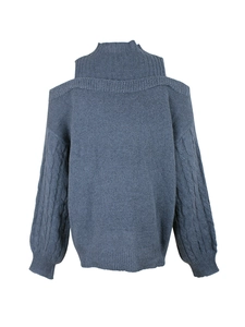 Detail of blue cold-shoulder cable knit sweater with a high neck and ribbed cuffs