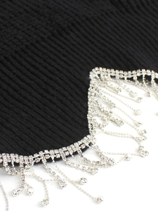 Black ribbed knit cropped turtleneck sweater with sparkling silver rhinestone tassels