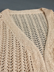 Beige crochet hollow out knit cardigan with V-neck and delicate mesh texture design