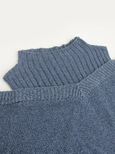 Detail of ribbed knit neckline and soft texture on mist blue women's pullover sweater