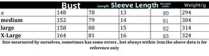 Detailed size chart for oversized batwing sleeve sweater showing S to XL measurements