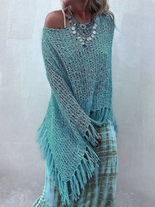 Haut de Plage Bohème en Tricot Ajouré Femmes Col Bateau Manches Chauve-Souris Châle à Glands Tricot Court Bleu