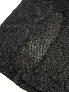 Macro detail of breathable black knitted mesh fabric showing semi-sheer texture and weave