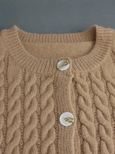 Women's khaki cable knit cardigan sweater with round neck and white buttons for autumn