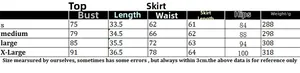 Size chart for knit vest and skirt set with measurements for S to XL sizing