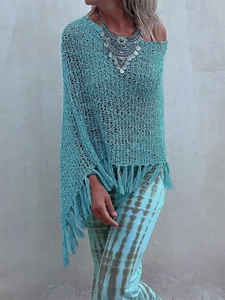 Cache-maillot de plage bohème en tricot ajouré turquoise avec de longues franges