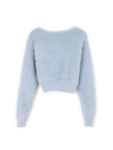 Light blue fuzzy knit cropped cardigan sweater with long sleeves and ribbed texture