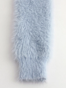 Women V-neck short cardigan in light blue long pile faux fur with ribbed knit cuffs