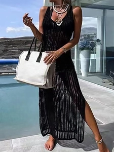Women's black crochet knit sleeveless maxi dress with high side slit for summer vacation
