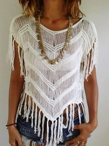 Haut au Crochet Bohème pour Femmes Ajouré Tricoté à Franges T-Shirt à Manches Courtes Cache-Maillot de Plage Pull Décontracté