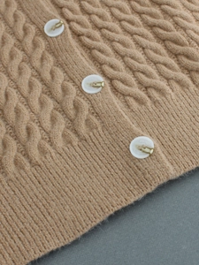 Camel cable knit cardigan sweater for women featuring white buttons and ribbed texture