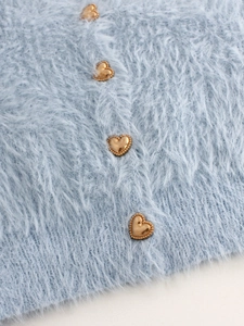 Light blue fuzzy knit V-neck cardigan featuring gold heart-shaped metallic buttons
