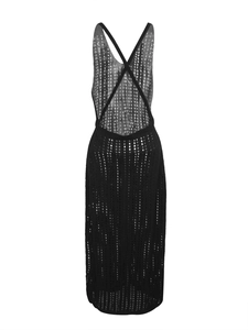 Women's black crochet knit maxi dress with open back cross straps for summer beach