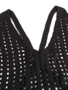 Women's black crochet knit V-neck camisole top with hollow-out diamond pattern for summer