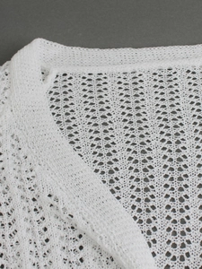 Close-up of the white openwork knit cardigan neckline with detailed crochet texture