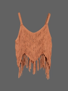 Haut de plage au crochet caramel avec motifs chevrons et longues franges de style