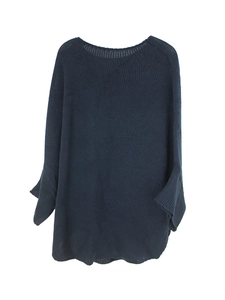Detail view of navy blue oversized sweater showing thick knit texture and wide cuffs
