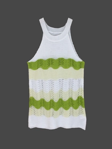 Women's summer white knit halter tank top with green and yellow wavy stripe pattern