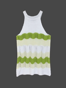 Women's knit halter vest with green and yellow wavy pointelle pattern on gray background