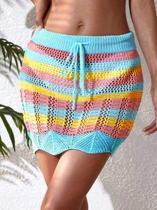 Women's Bohemian Crochet Knit Mini Skirt Colorful Horizontal Striped Hollow Out Drawstring Beach Vacation Skirt