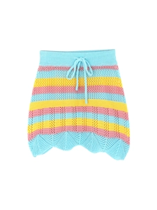 Rainbow striped knit mini skirt with hollow out design and scalloped hem for beach wear